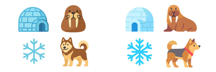 Cute cartoon depiction of walruses, dogs, igloos, and snowflakes in a playful winter setting