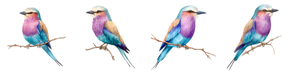 Obraz premium Lilac Breasted Roller Watercolor Illustration Set, Isolated