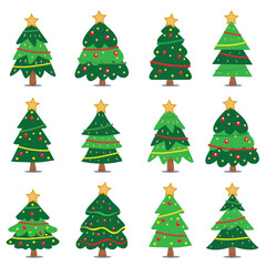 Set of cartoon Christmas trees, Green color Christmas trees set isolated on white background. Vector illustration. Template for greeting card, invitation, banner, web. Icons collection.

