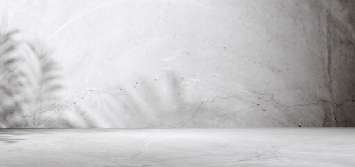 A minimalist studio background with concrete wall and floor textures, Subtle shadows of palm leaves, Providing a versatile and elegant backdrop for product photography or abstract design presentations
