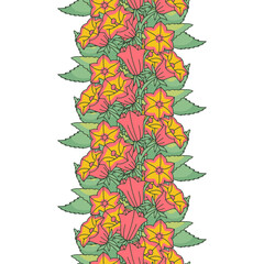 Stripe pattern with line art canary islands flowers bellflower. Floral vertical seamless border with hand drawn millefleur style botanicals. Vector illustration