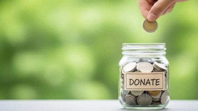 A hand adds a coin to a glass jar labeled donate, symbolizing charitable giving and financial support
