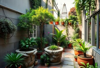 Fototapeta premium Elevated recycled-material courtyard garden with lush greenery, sustainable design, plants