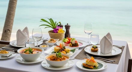 Fototapeta premium Gourmet lunch with ocean views in a tropical setting, Exquisite Thai cuisine served at a luxury resort against a backdrop of turquoise waters