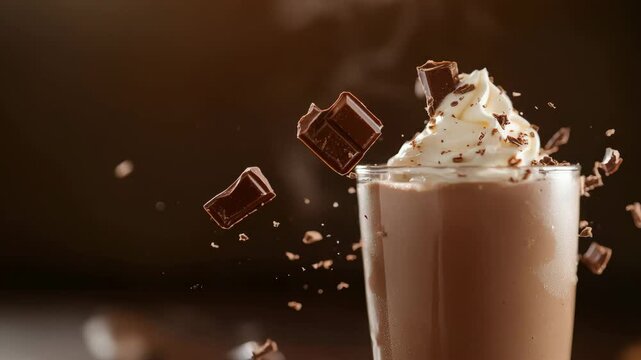 Chocolate milkshake with whipped cream and shavings in dynamic motion