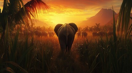 Majestic elephant leading herd through vibrant grassland at sunset with mountains in background
