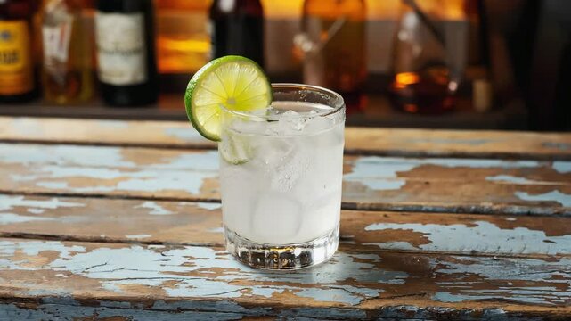 Cacha&ccedil;a, close-up of a refreshing cacha&ccedil;a cocktail, garnished with lime, rustic bar setting with a warm glow
