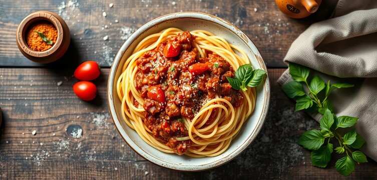 Aromatic spaghetti Bolognese in a rustic bowl, viewed from above Ample copy space,   foodblog,  top view