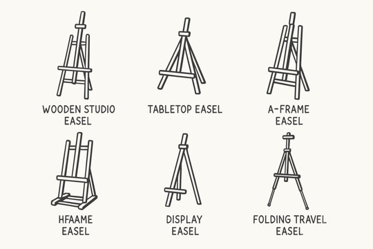 Various types of easels: wooden studio, tabletop, a-frame, h-frame, display, folding travel