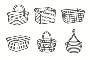 Collection of six hand-drawn baskets in black and white