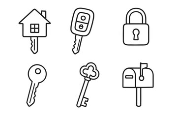 Icon set of keys and locks: house, car, padlock, classic key, mailbox