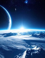 Alien Planet Sunrise with Space, Landscape, and Scifi.