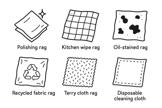 Various types of cleaning rags and cloths for diverse household tasks