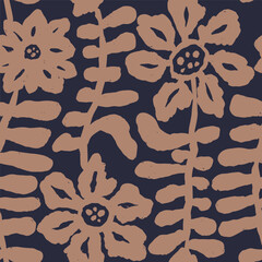 Brush strokes inky flowers brown seamless pattern. Abstract floral contemporary background. Textured botanical minimalist wallpaper