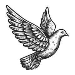 Obraz premium Hand-Drawn Engraving of a Dove in Flight Symbolizing Peace and Freedom for Blogs, Websites, Art Illustrations, and Education Materials 