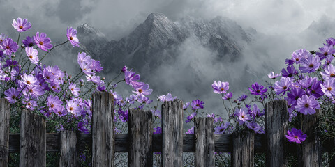 Lila Kosmeen vor verwittertem Holzzaun und nebelverhangener Bergkulisse