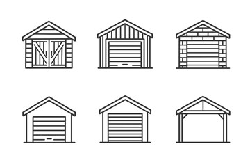 Minimalist line art garage and shed icons set