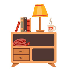 Furniture vector illustration set. Cartoon flat design furniture with armchair, lamp, nightstand, house plants. Designer fashion items for home interior apartment isolated on white