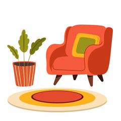 Furniture vector illustration set. Cartoon flat design furniture with armchair, lamp, nightstand, house plants. Designer fashion items for home interior apartment isolated on white