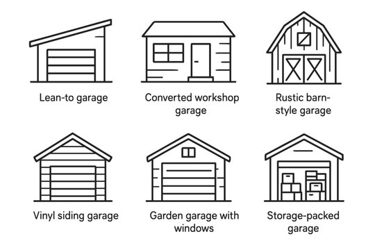 Six garage designs: lean-to, converted workshop, rustic barn, vinyl siding, garden, storage-packed