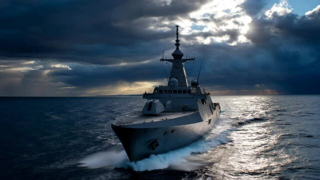 A powerful naval warship sailing through the ocean under a cloudy sky. The ship cuts through the water