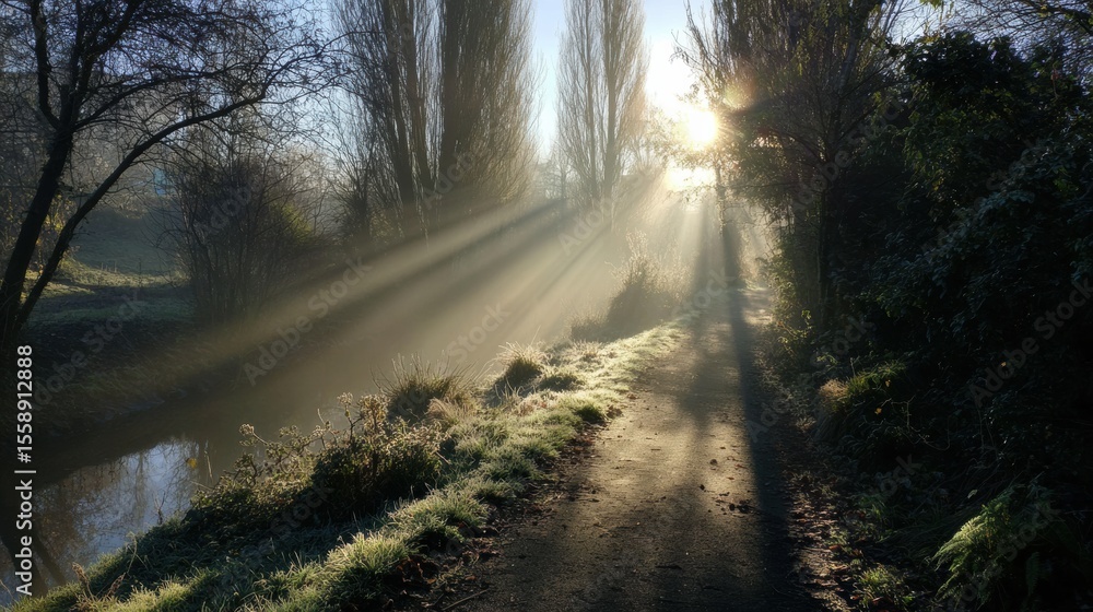Aufkleber mist clearing to reveal a bright path in a tranquil natural setting during early morning hours