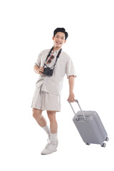 Journey's Beginning: A young man, camera in hand and luggage in tow, exudes the joy and...