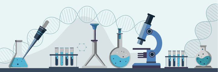 Biological research tools - pipette, microscope, DNA strand, modern lab vector banner