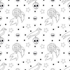 Seamless pattern with cute hand drawn monochrome Halloween ghosts. Black and white Line art spooky repeat background.
