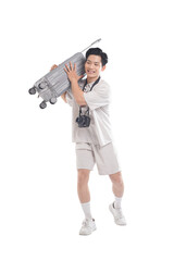 Joyful Traveler: A smiling man carries a suitcase and camera, ready for an exciting adventure.  He exudes happiness and anticipation for his journey.