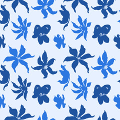 Seamless pattern with monochrome blue hand drawn flowers. Loose botanical repeat background. Rough florals wallpaper.