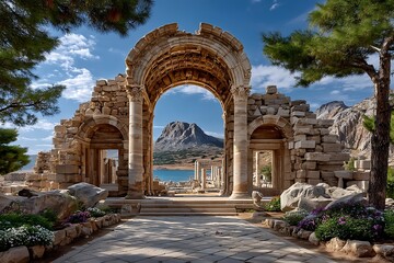 Fototapeta premium Ancient stone arch with mountain view high resolution picture