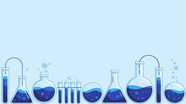Laboratory glassware, elegant modern design in royal blue tones, flat vector chemistry banner