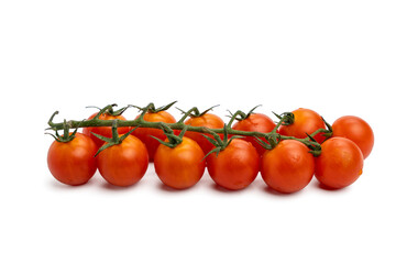 Fresh vine-ripened cherry tomatoes arranged in a single row. The tomatoes are vibrant red with a green stem, isolated on a transparent background.