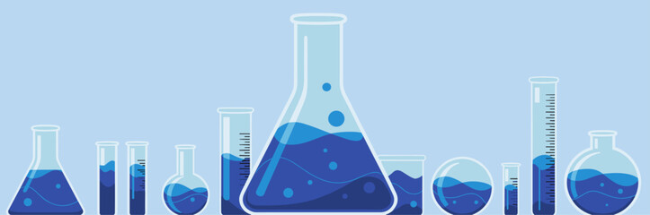 Chemistry lab glassware, elegant modern design in royal blue tones, flat vector chemistry banner
