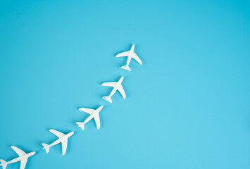 Planes fly in a chain. Opening of new tourist destinations. Seasonal flight planning, airline...
