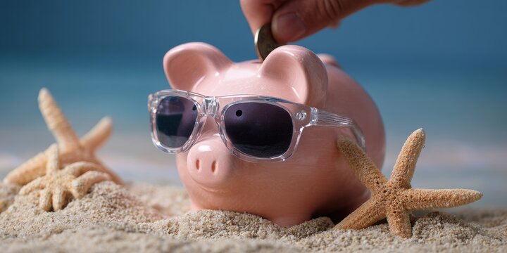 Saving for a sunny vacation: Coin in a piggy bank on a sandy beach with starfish.