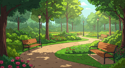 Fototapeta premium Scenic Park Path With Benches and Lush Greenery Illustration