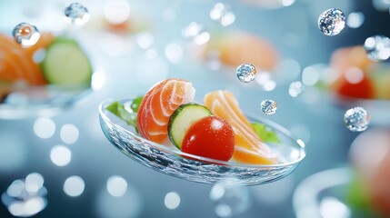 Zero-gravity dining concept with food bubbles orbiting plates, a surreal visual of flavor and motion beyond gravity