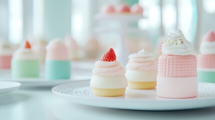 AI-designed dessert arranged in a symmetrical pattern with a pastel color palette, showcasing futuristic plating artistry