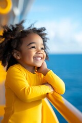 Happy Afro-American girl leaning on cruise ship railing, wind in her hair and eyes full of wonder, joyful family travel moment with bright sky and space for message