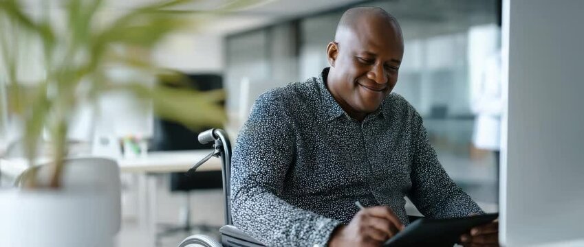 Focused entrepreneur in wheelchair innovates with digital tablet at modern office workplace