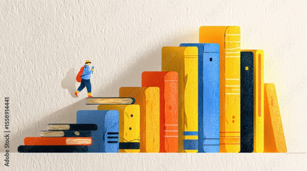 Poster library shelf transforms into stairs with figure climbing, representing reading month and the journe