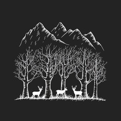 Illustration of Forest Animals with Trees and Mountains in Monochrome Style
