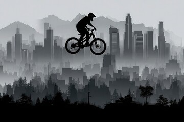 A black silhouette of a mountain biker performing jumps in front of the city skyline