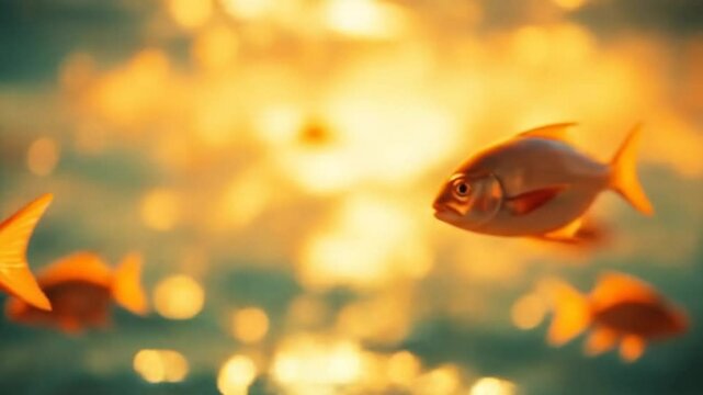 Golden Fishes Underwater, swimming in the midst of a bokeh light, golden hour