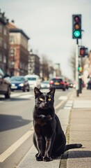 Black Cat Sitting on City Sidewalk Near Traffic Light