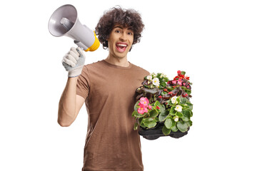Male gardener holding plants and a megaphone