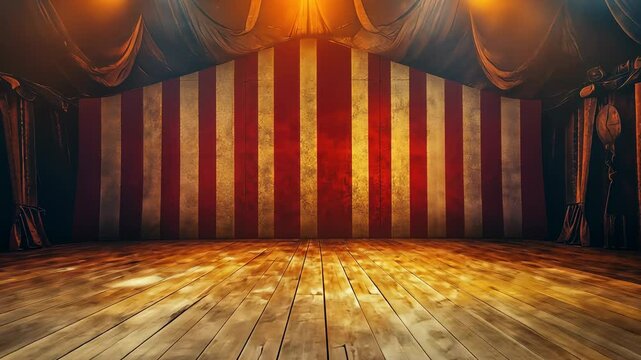 Vintage circus stage with dramatic lighting, striped red and white curtain, wooden floor, and theatrical atmosphere at night