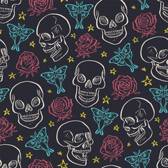 Seamless pattern with hand drawn inky floral skulls surrounded by luna moths and roses. Skeleton heads repeat background with butterflies and flowers.